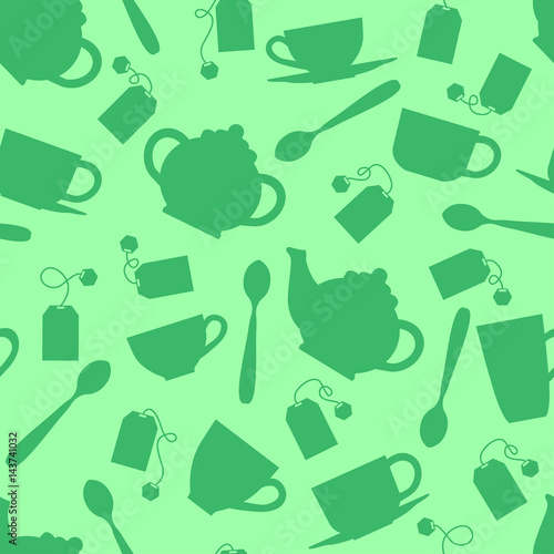 Fototapeta na wymiar Tea drinking. Seamless background from the silhouette of kitchen utensils. Pattern