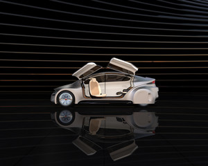 Wall Mural - Side view of silver autonomous car on abstract background. Left doors opened and front seats turned to rear side. 3D rendering image. 