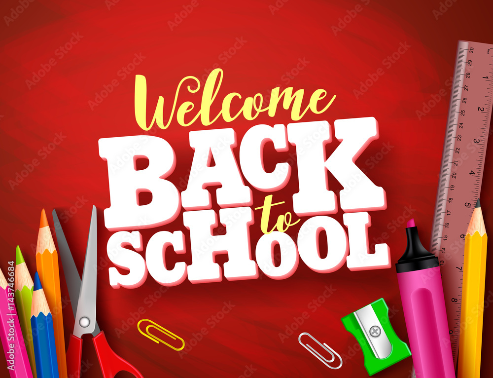 Back to school vector banner design in red texture background with ...