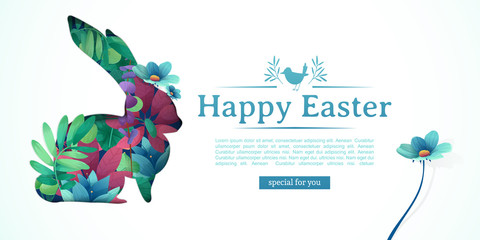 Wall Mural - Design template banner for Happy Easter.   Silhouettes of rabbit with floral, herb, plant decoration. Horizontal card with logo for spring happy easter offer. Vector