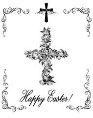 Easter greeting with vintage floral cross (black and white)