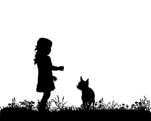 Wall Mural - Illustration, vector, silhouette of a child playing with a dog