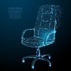 Poster - Abstract image of a office chair low poly in the form of a starry sky or space, consisting of points, lines, and shapes in the form of planets, stars and the universe. Vector wireframe concept.