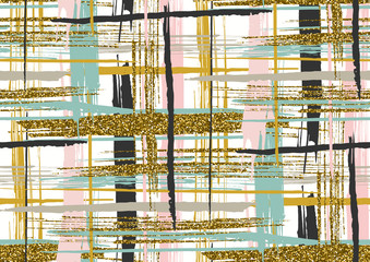 Wall Mural - Vector seamless pattern with gold glitter textured brush strokes and stripes