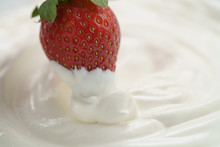 Fresh Strawberry Dipped Into Cream With Copy Space, Delicious Food