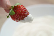 Fresh Strawberry Dipped Into Cream With Copy Space, Delicious Food