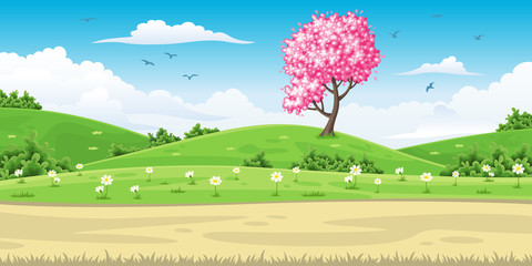 Illustration of a spring landscape with tree