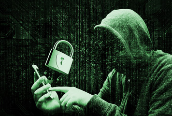 Double Exposure of hooded cyber crime hacker using mobile phone internet hacking in to cyberspace,online personal data security concept.Matrix code and 3d rendering master key popup out of smartphone.