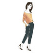 Beautiful hipster young woman in a blouse and on high heels. Hand drawn illustration.