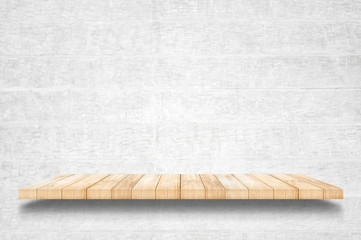 Wall Mural - Empty top wooden shelves and concrete wall background.