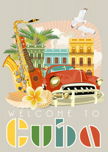Cuba Attraction And Sights - Travel Postcard Concept. Vector Illustration With Traditional Cuban Architecture, Colourful Buildings, Car, Guitar, Cigars, Cocktail, Flag. Design Elements For Poster.