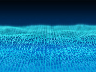 digital data or binary code on virtual wavy surface on blue background. 3d illustration.