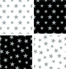 Silver Color Nautical Star Big & Small Aligned & Random Seamless Pattern Set