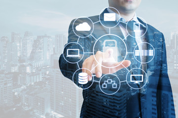 double exposure of professional businessman touching security icon on screen connect internet and ne