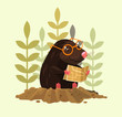 Cute happy smiling mole character sitting and read map. Vector flat cartoon illustration