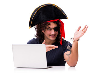 Digital security concept with pirate isolated on white