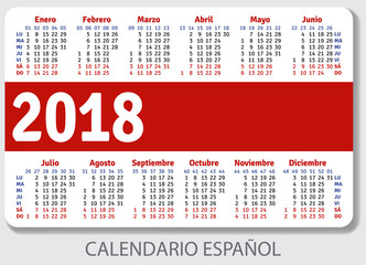 Spanish pocket calendar for 2018, standard size ISO 7810 ID-1, vector template