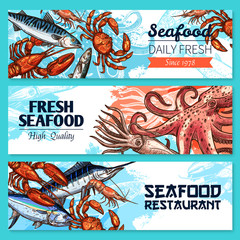 Wall Mural - Seafood restaurant banners vector sketch set