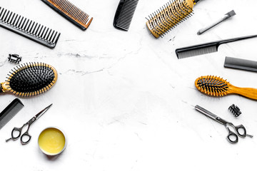 hairdresser working desk with tools on white background top view mock up