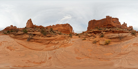 Panoramic 360 view of Park Avenue in the Arches National Park near Moab, Utah