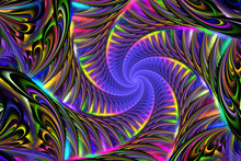 Abstract Colorful Fractal Spiral. Fantasy Design In Yellow, Pink, Purple, Blue And Green Colors. Digital Art. 3D Rendering.