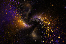 Bright Galaxy. Abstract Purple And Golden Sparkles On Black Background. Fantastic Fractal Texture. Digital Art. 3D Rendering.