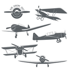 Set Of Vintage Airplane. Design Elements For Logo, Templates, Badges And Etc.