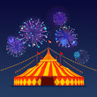 Circus tent and fireworks at night