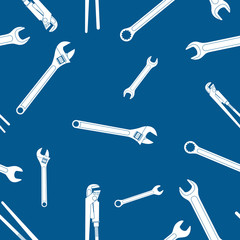 Poster - White wrench icons on blue background. Industrial seamless texture