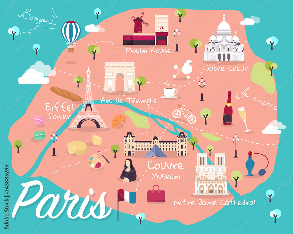 Map Of Paris Attractions Vector And Illustration. - obrazy, fototapety, plakaty 