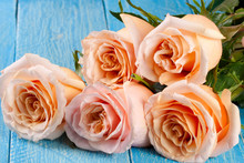 Five Fresh Beige Roses On A Blue Wooden Background