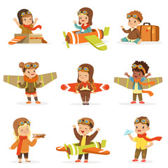 Sticker - Small Children In Pilot Costumes Dreaming Of Piloting The Plane, Playing With Toys Adorable Cartoon Characters