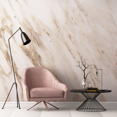 Wall Mural - Interior with armchair and a table on a background of a marble wall, 3d render, 3d illustration