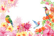 watercolor illustration for greeting cards,exotic flowers and birds