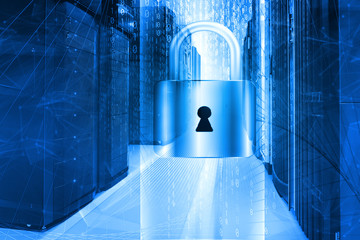 network safety concept server closed with padlock, database security.