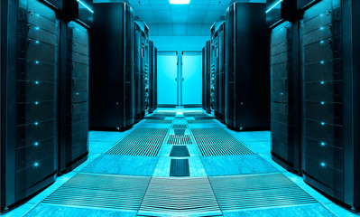 Poster - symmetric server room with rows of mainframes in modern data center, futuristic design