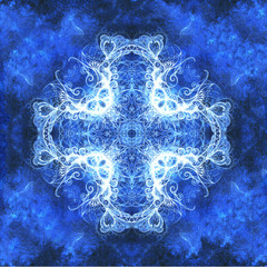 Fototapete - Ornamental mandala. Original hand draw and computer collage. Blue color structure. Winter effect.