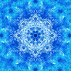 Poster - Ornamental mandala. Original hand draw and computer collage. Blue color structure. Winter effect.