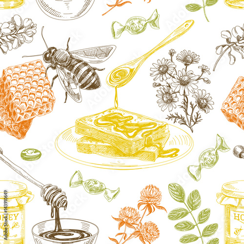 Cotton fabric Vector hand drawn honey Illustration.