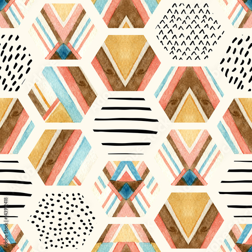 Plakat na zamówienie Watercolor hexagon seamless pattern with geometric ornamental elements