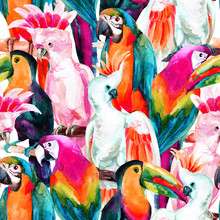 Watercolor Parrots Seamless Pattern