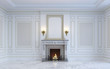 A classic interior is in light tones with fireplace. 3d rendering.