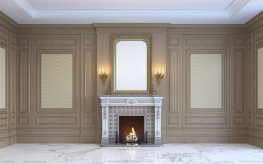 Wall Mural - A classic interior with wood paneling and fireplace. 3d rendering.