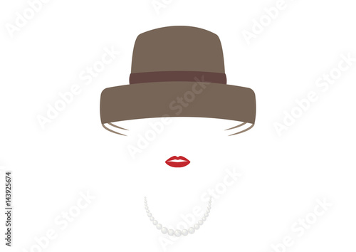 Fotografía portrait retrò woman, diva with hat and pearls, minimal Audrey vector illustrati