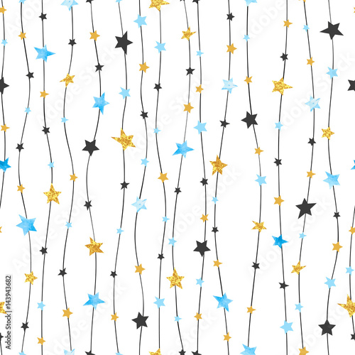 Cotton fabric Seamless stars pattern in blue, black and golden colors. Vector celebration background.