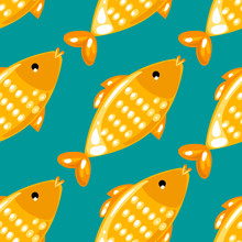 Yellow Fish Seamless Pattern On Green Background