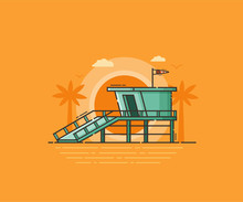 Sea Side Landscape With Wooden Lifeguard House On Tropical Beach In Flat Design. Retro Life Guard Tower On Sunset Seaside Background. Baywatch Hut Or Observation Tower Vector Illustration.
