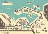 Fototapeta Mapy - Vector scheme of nonexistent seaside town with various buildings, bridges, churches and transport. Template for vintage tourist map of resort city. Stencil graphics, imprints.