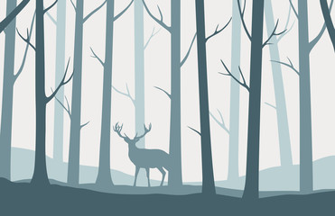 Wall Mural - landscape with silhouettes of trees in the forest and deer standing in the middle - vector illustrat