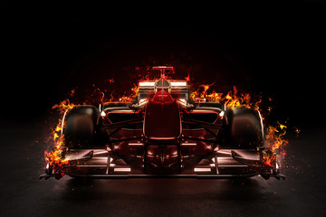 Hot team motor sports racing car with studio lighting and fire effect. 3d rendering illustration